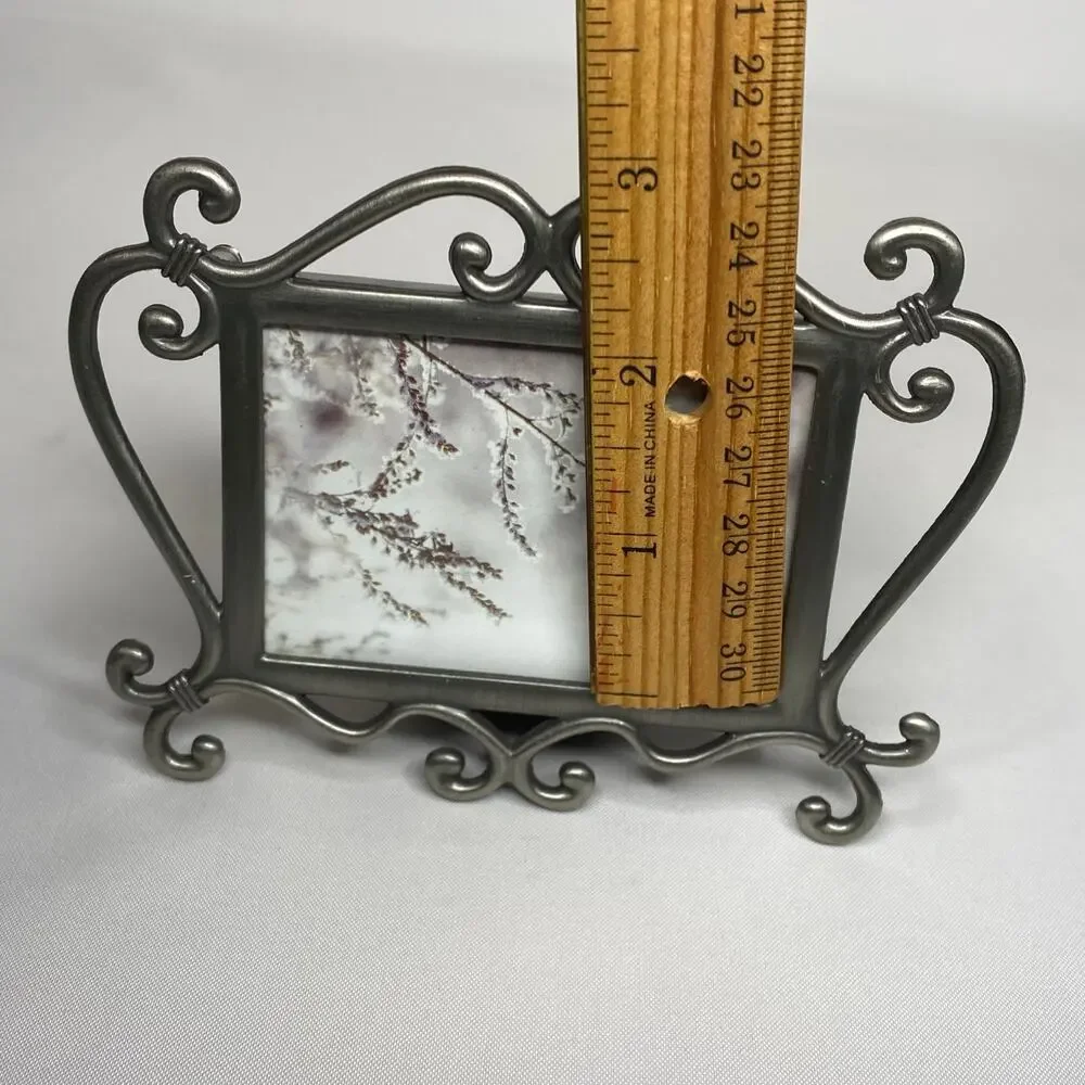 Vintage Pewter Mini Picture Frame Scrollwork Swivel Closures 2x3 Victorian Goth